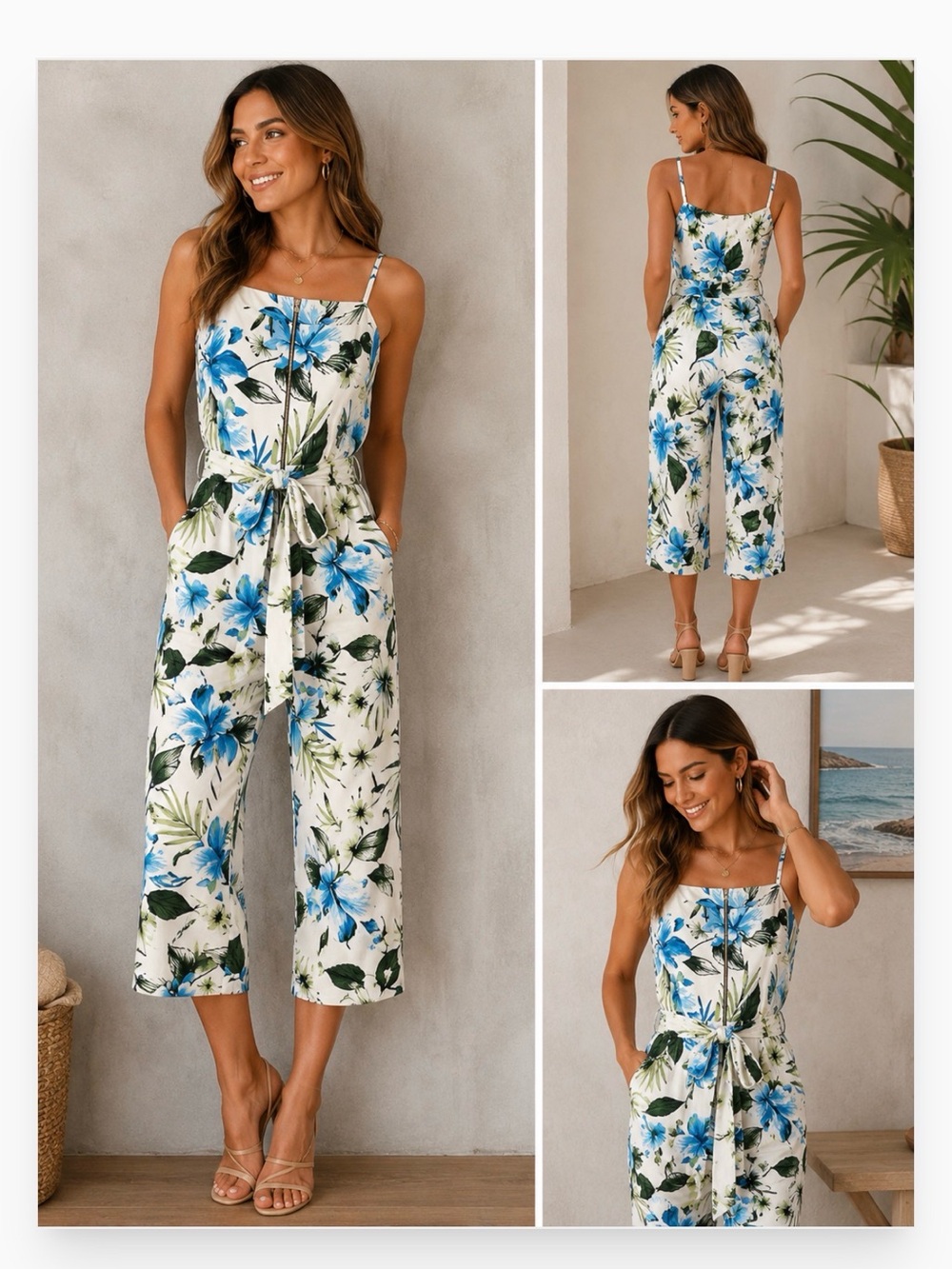 Banana Republic White Jumpsuit with Blue & Green Floral Print